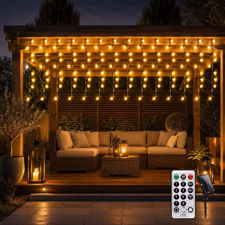 Tenda luminosa, dimensioni 4x1 metro, 200 LED, alimentazione solare, telecomando, grado di protezione IP44, luce bianco caldo
