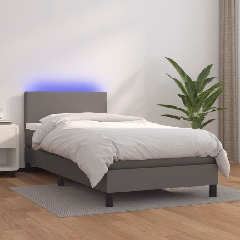 The Living Store Letto a molle con materasso e LED grigio 80x200 cm in ecopelle