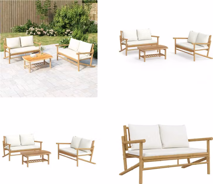 vidaXL Set da salotto da giardino in 3 pezzi con cuscini in bambù crema - Set da salotto da giardino - Set da salotto - Set di mobili da giardino