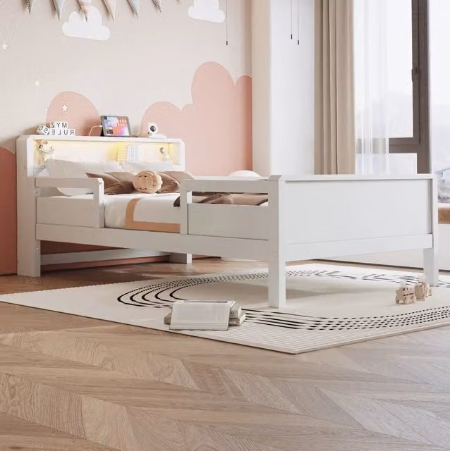 Letto multifunzione per bambini 90 × 200 cm con LED; USB; Tape-C e testiera con vano; bianco