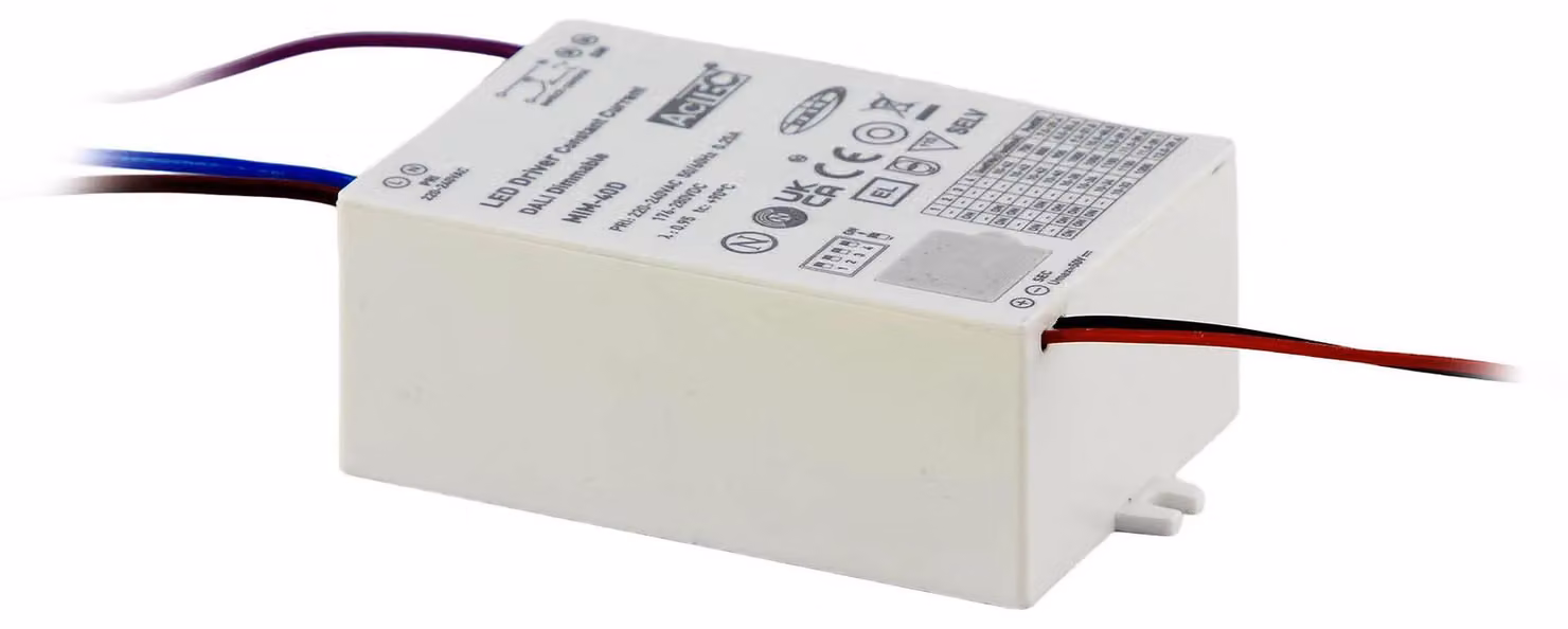 ARELUX MINI DRIVER CC DALI. Dimmer. Corrente: 700/800/900/1000/1050/1100/1150/1200 mA. Tensione: 10-42V. Potenza: 40W. Alimentazione: DC. Grado di protezione: IP20