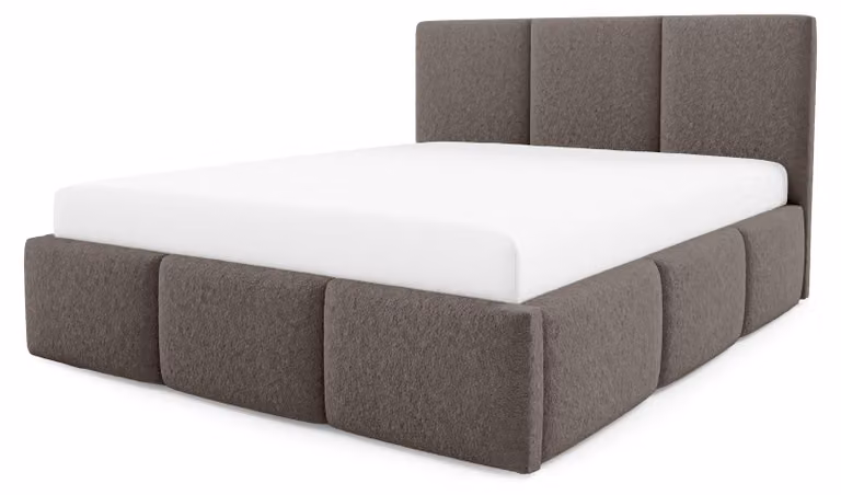 Letto imbottito con contenitore integrato, modello Melora, finitura "Eichenschatten" (effetto legno noce), dimensioni 180 x 200 cm
