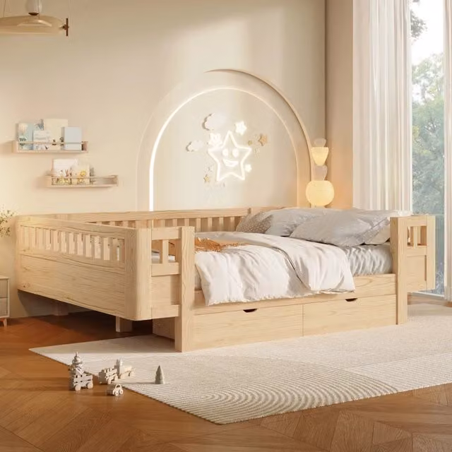 Letto 140x200 cm con 2 cassetti; sponda di protezione in legno colore naturale