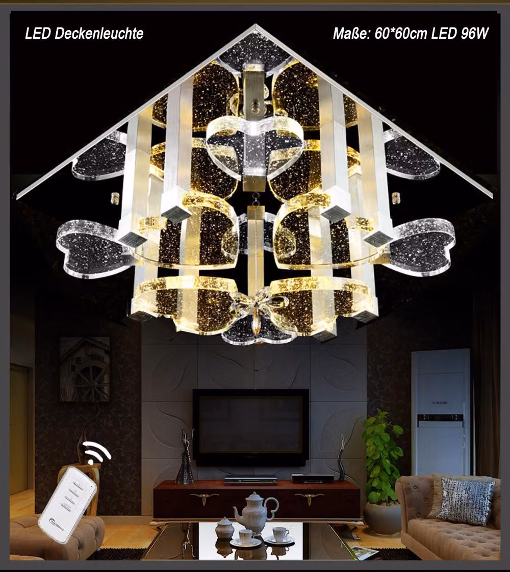 Plafoniera LED cuori di cristallo con bolle 1666V60*60cm LED 96W con telecomando 2 colori di luce commutabili separatamente A+