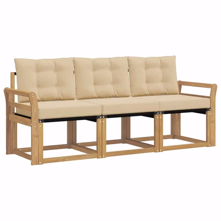 Set di divani da esterno 3 pezzi vidaXL in legno di acacia con cuscini bianchi e beige