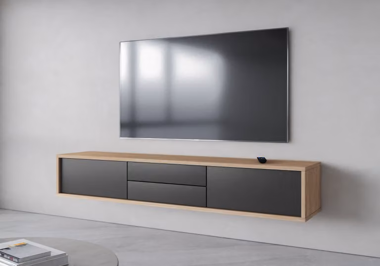 Tavolino sospeso per TV con cassetti IRVING 2 - rovere oliato / antracite