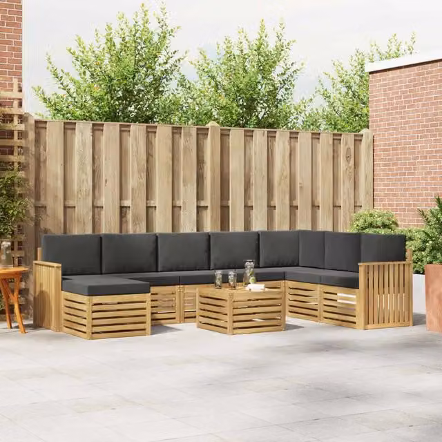 Set di divani da giardino a forma di L vidaXL in legno di acacia massello con cuscini grigi – 1