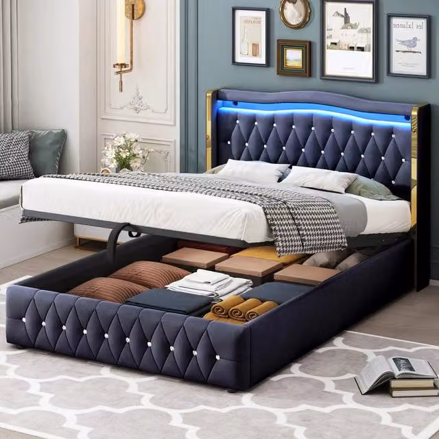Letto imbottito contenitore matrimoniale ¨C Minimal ¨C Nero velluto 140x200 cm con LED idraulico