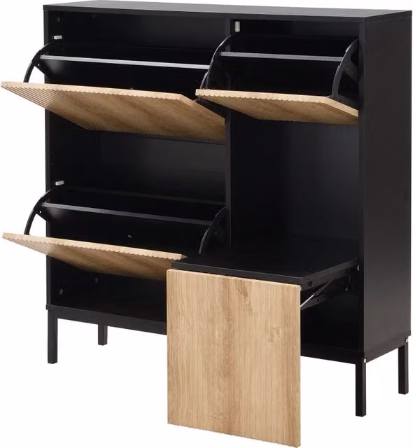 Scarpiera moderna con ante a ribalta, vano a giorno e seduta integrata in MDF, Nero e Marrone, L: 100 cm, P: 25 cm, H: 100 cm