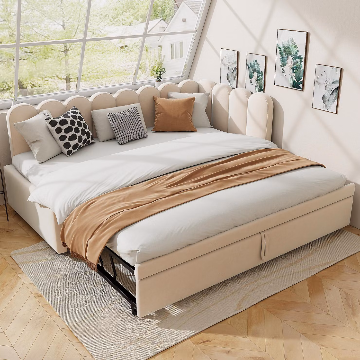 Sweiko 2-in-1 divano letto multifunzionale a L (90/180 x 200 cm), velluto beige Letto imbottito Design salvaspazio Può essere utilizzato come letto per bambini o letto per ospiti.