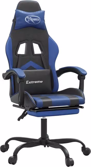 Sedia da Gaming Design In Girevole con Poggiapiedi e Riposatesta in Similpelle Nero e Blu