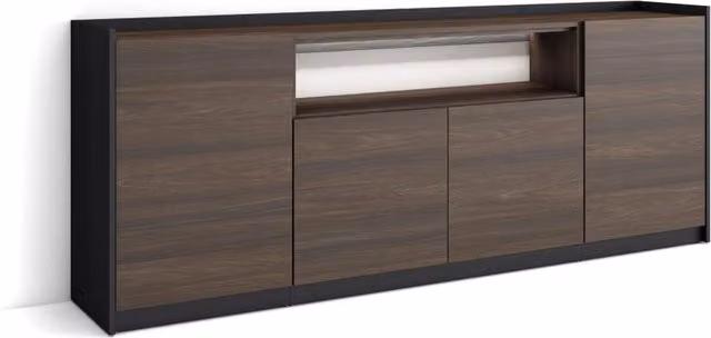 Credenza, Mobile, Cucina, 207x80x37 cm, 4 Porte, LED, Rovere scuro e Nero