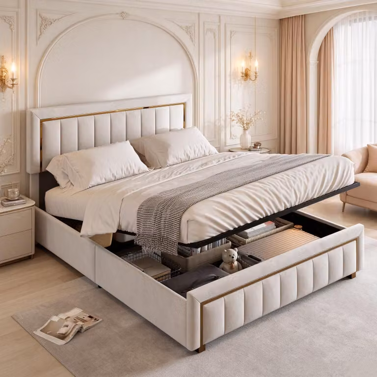 Letto imbottito INONEFT, 160x200 cm, letto con box e spazio contenitore, letto per ragazzi con rete a doghe, struttura con decorazioni dorate, tessuto in velluto, colore beige