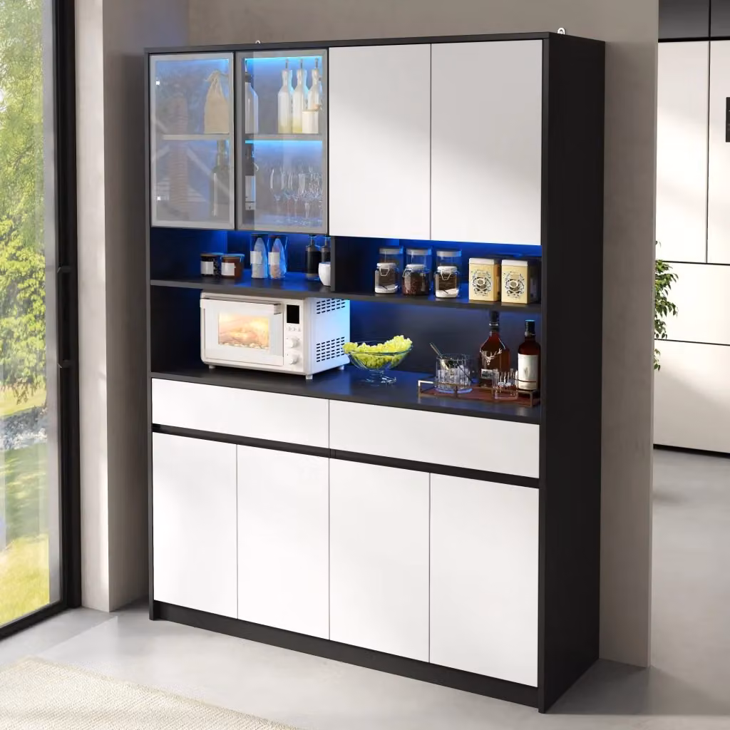 Credenza alta WISHDOR con illuminazione LED integrata, ante in vetro e cassetti, mobile moderno in MDF per soggiorno o cucina, L/P/H: 160 x 57,05 x 38 cm – 2