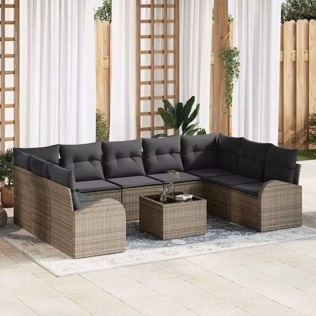 Set Divano da Giardino vidaXL a Forma a U in Polyrattan Grigio con 10 Pezzi e Cuscini – 1