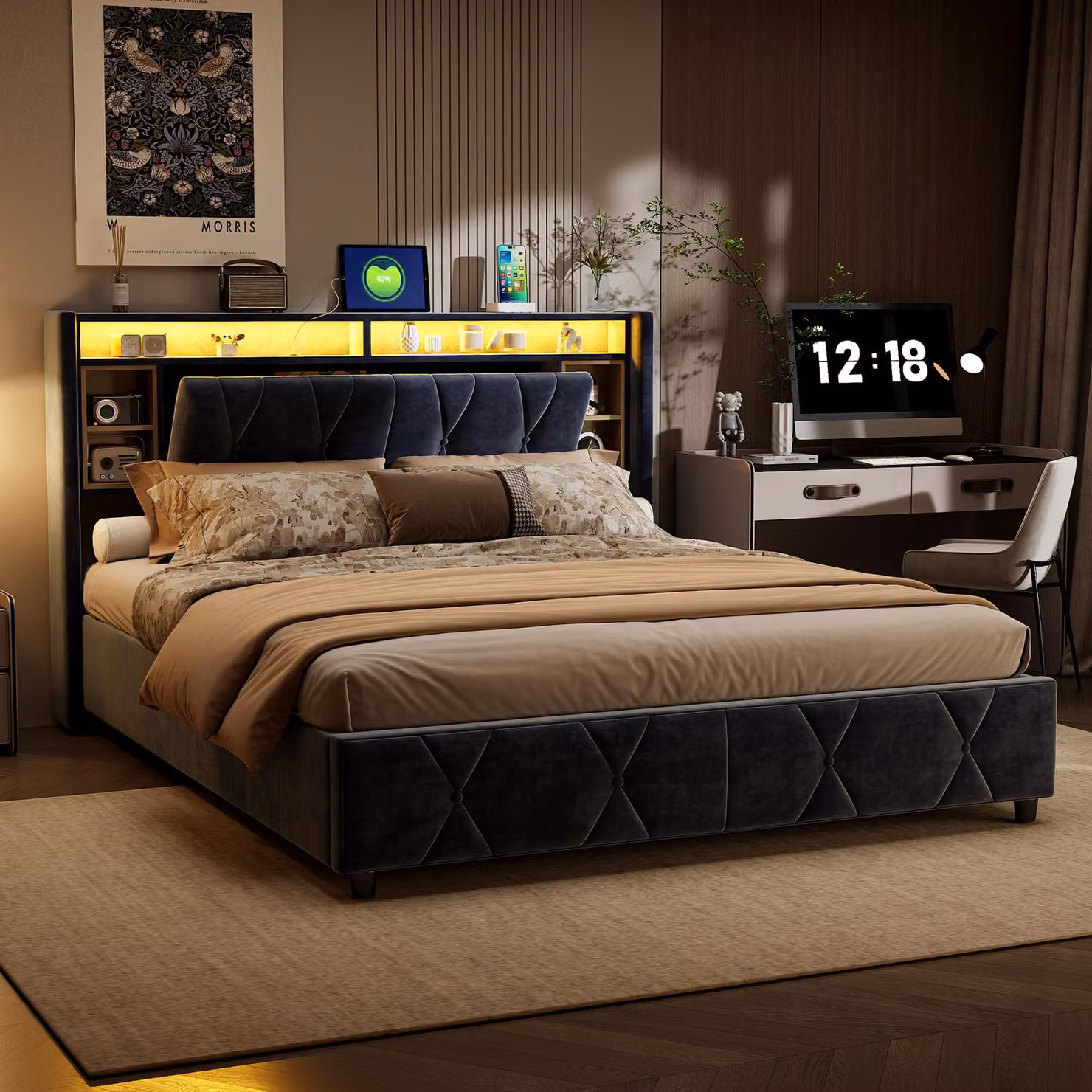 Struttura letto ProximaX in velluto grigio 160x200 cm con vano contenitore idraulico, testiera con vano contenitore, luci a LED e stazione di ricarica USB