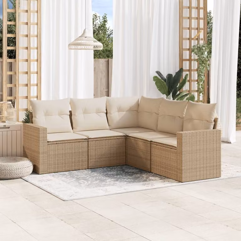 vidaXL Set Divano da Giardino a L 5 pz con Cuscini Beige e Struttura in Metallo e Polyrattan