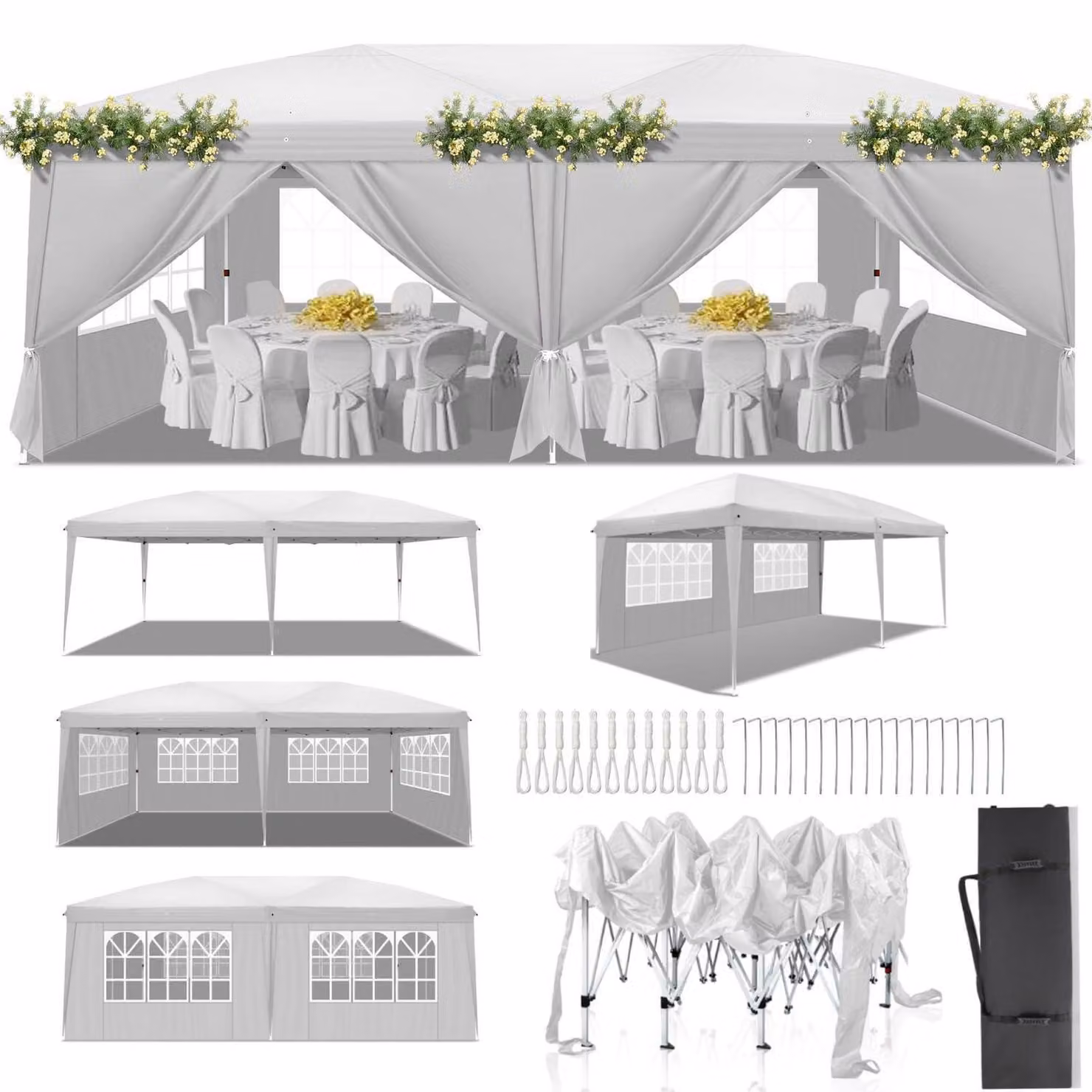 Tenda pop-up 3x6 metri, impermeabile, resistente al freddo, con altezza regolabile, protezione UV 50+, struttura in acciaio, 6 pannelli laterali, colore bianco