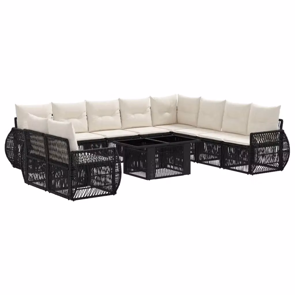 Set Divano da Giardino vidaXL a Forma a U in Polyrattan con Cuscini, Colore Nero e Bianco Crema – 2