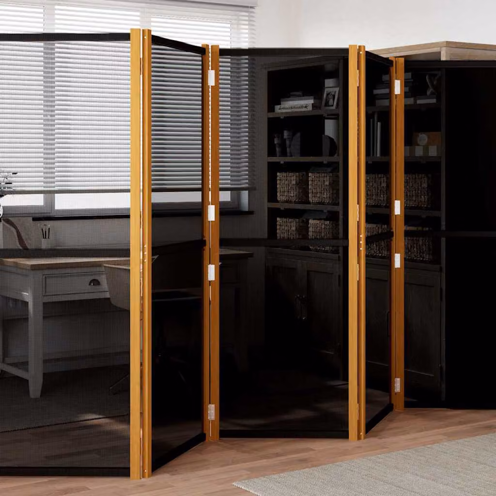Paravento vidaXL a 5 Pannelli in Legno di Acacia Oliato e Textilene, Nero, L: 350 cm, H: 180 cm