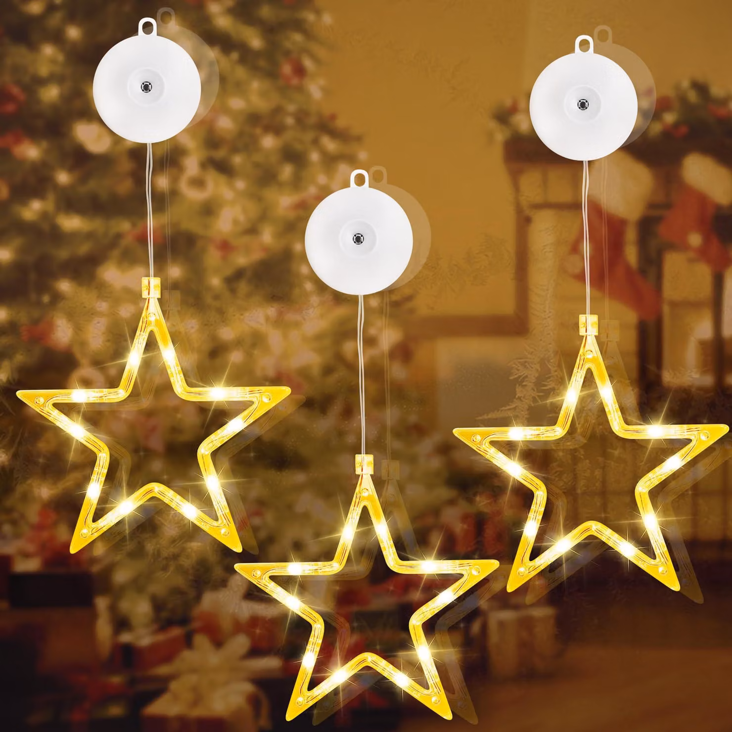 Set di luci a LED a forma di stella, composto da 3 pezzi, con 10 LED per stella, luce bianco caldo, timer integrato, ideale per decorare le finestre