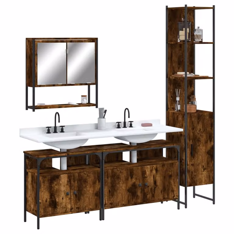 Set di mobili da bagno vidaXL in stile industriale color rovere marrone con armadietto specchio, mobile lavabo e colonna alta in legno, metallo e vetro