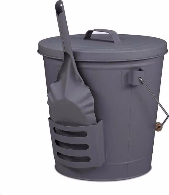 Cestello con coperchio e badile - manico in legno - 19 litri - grigio - carrello in ghisa con cinghia