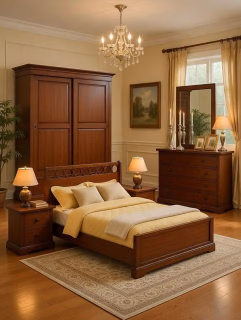Camera da letto completa in legno di pino e pioppo stile rustico Mobili 2G colore marrone con letto, armadio, cassettiera, specchio e comodino – 1