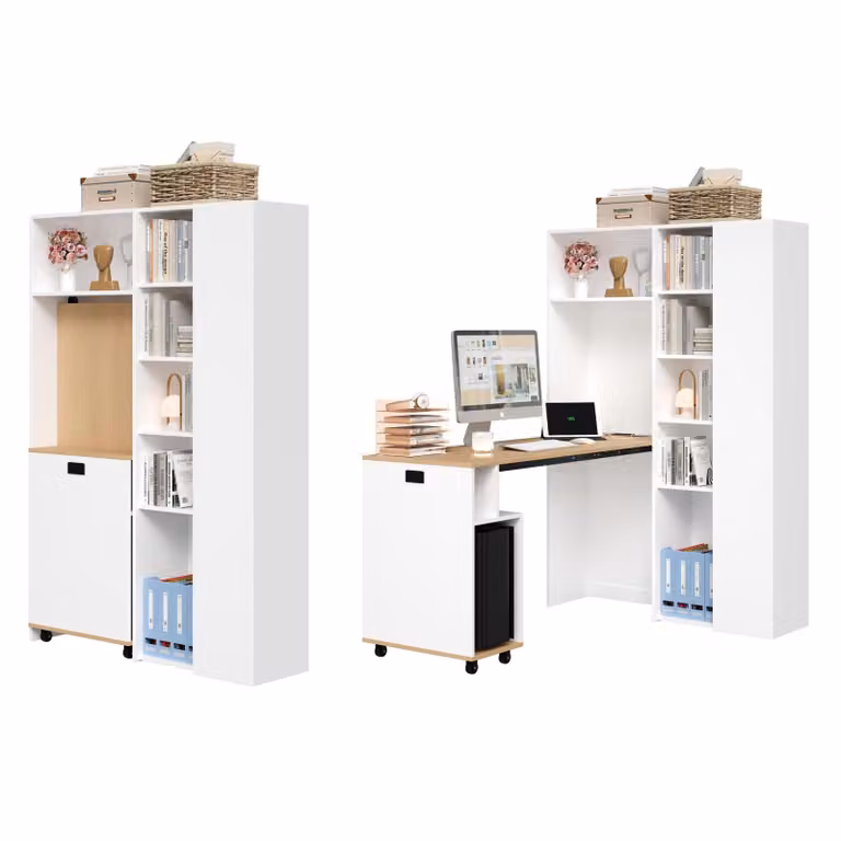 AIORBER Scrivania pieghevole con ripiano, scrivania per computer 2 in 1 con presa di corrente e USB, regolabile in altezza, antiribaltamento, salvaspazio, bianco