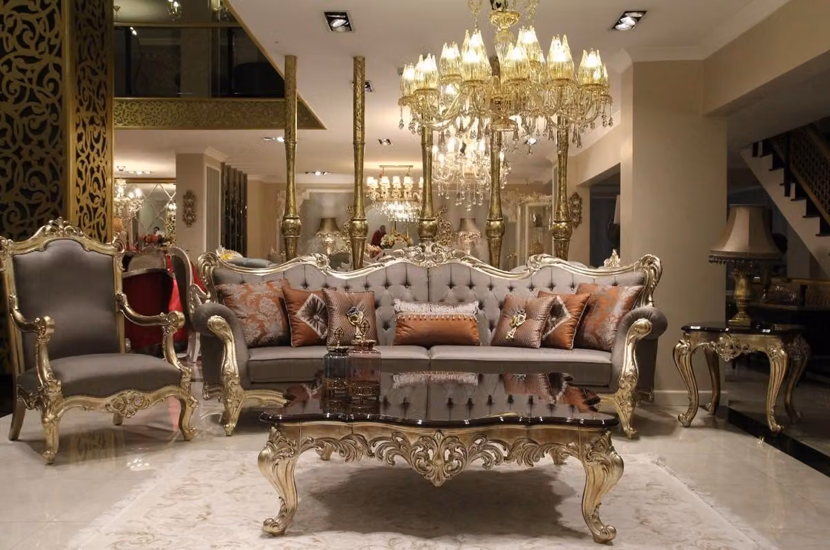 Casa Padrino set da salotto barocco grigio / marrone scuro / oro - 2 divani & 2 poltrone & 1 tavolino & 2 tavolini - Mobili da salotto in stile barocco - Nobile & magnifico