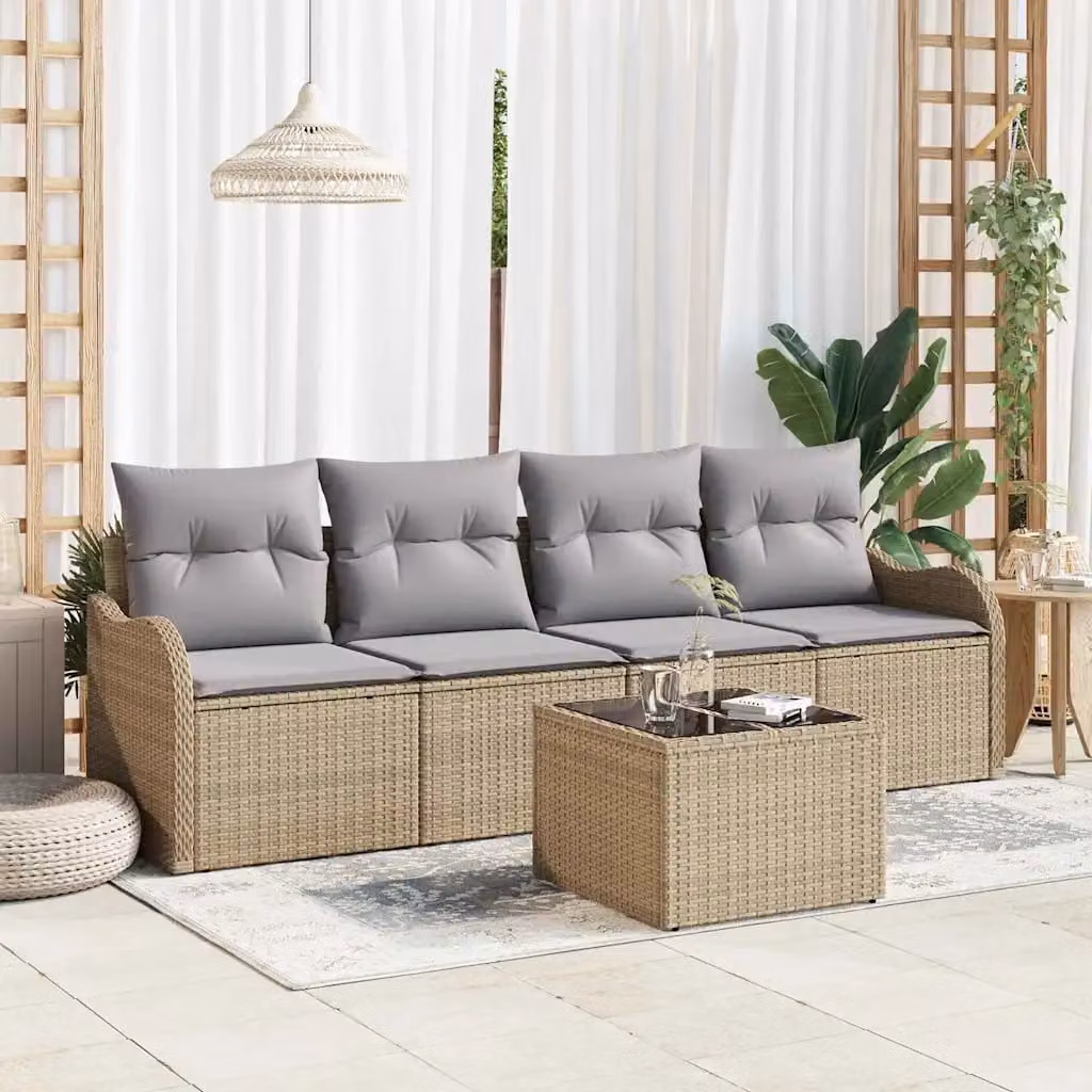 Set Divano da Giardino vidaXL 5 Pezzi a Forma di U con Tavolino, Beige e Grigio