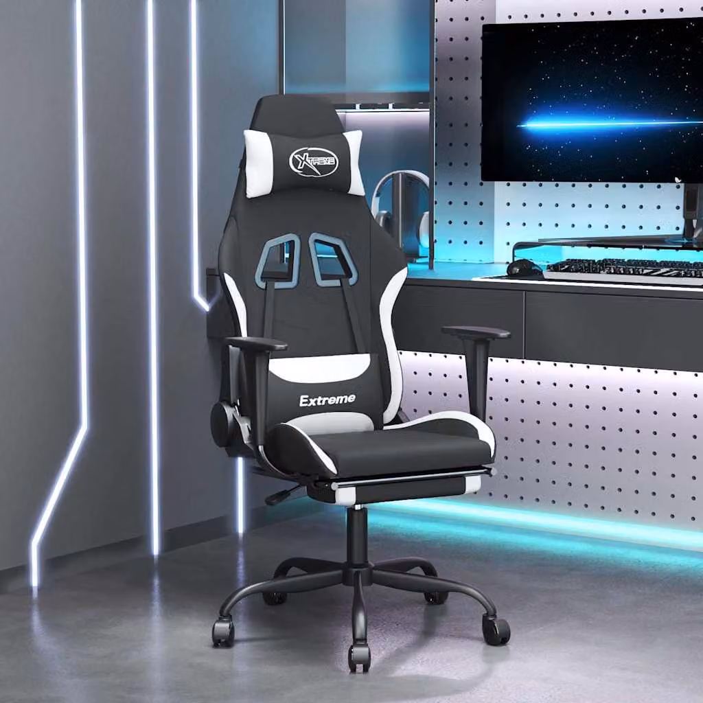 Sedia da Gaming vidaXL con Poggiapiedi, Tessuto, Nero e Bianco