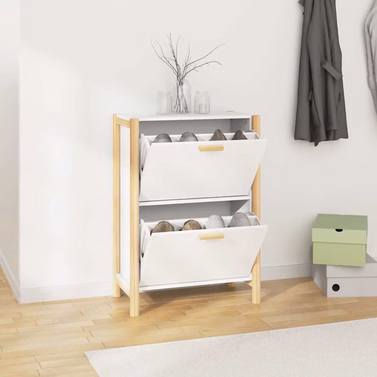Scarpiera bianca vidaXL in legno di pino con scomparti basculanti, da appendere al muro, L: 57,5 cm, P: 33 cm, H: 80 cm