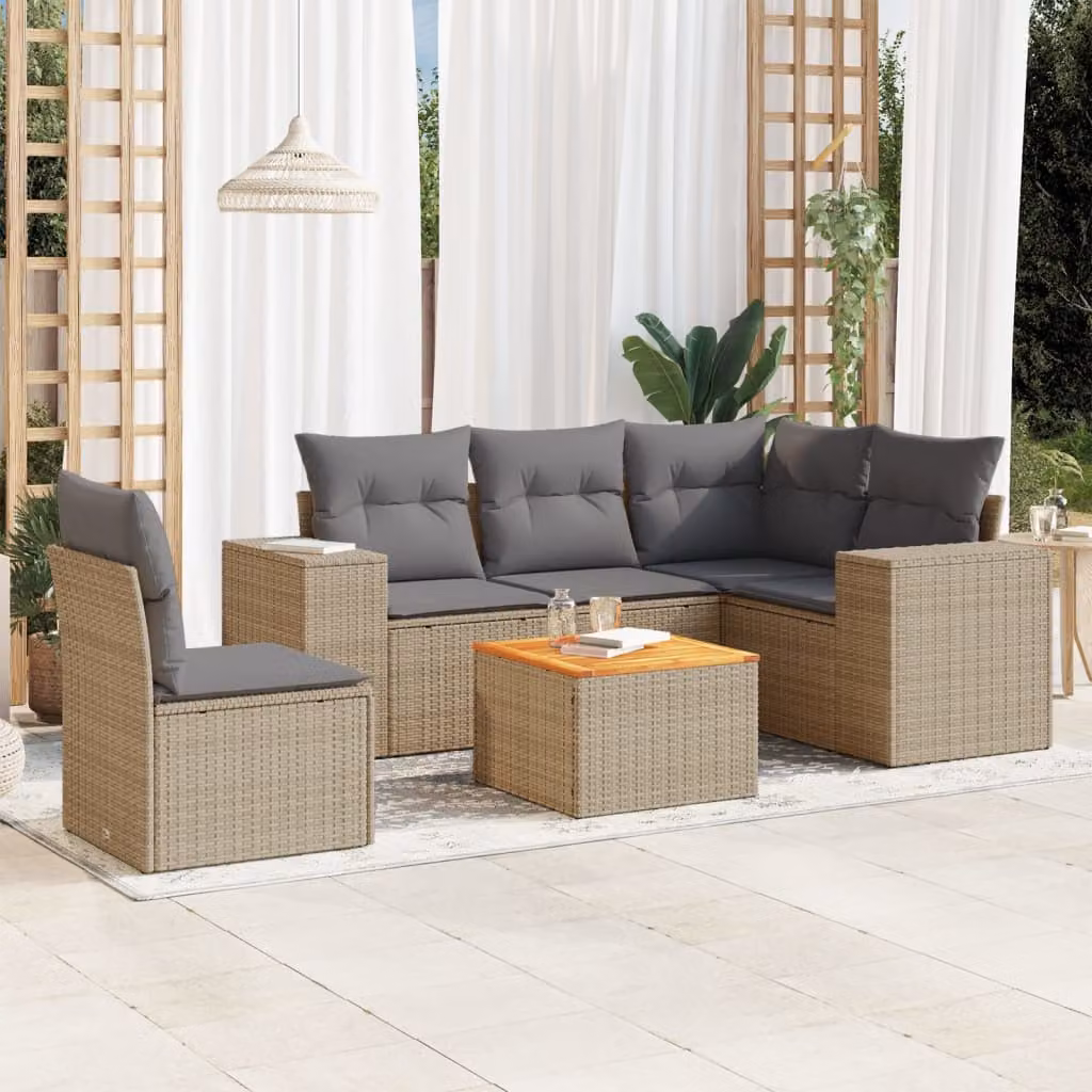 vidaXL Set Divano da Giardino a L da 6 pz in Polyrattan con Cuscini Beige e Grigio – 1