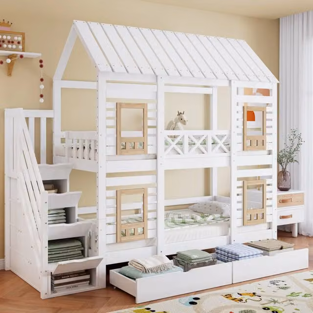 Letto a castello a casetta in pino e MDF; 90x200 cm; bianco e naturale; con scala contenitore e cassetti per cameretta