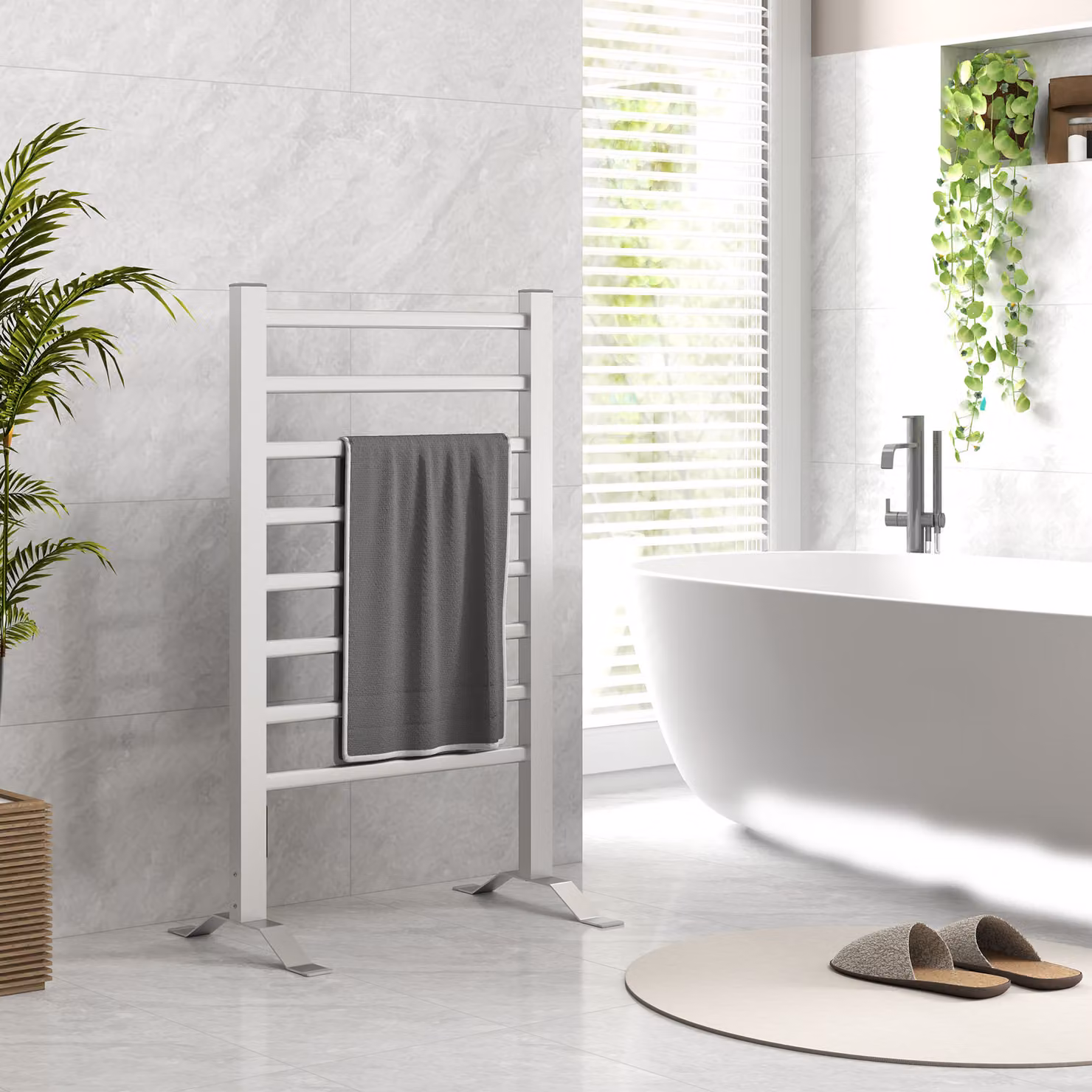 Scaldasalviette Elettrico HOMCOM da Terra o Parete 150W con 8 Barre e Timer 2-4 Ore, Argento, L: 53 cm, P: 35 cm, H: 90 cm – 2