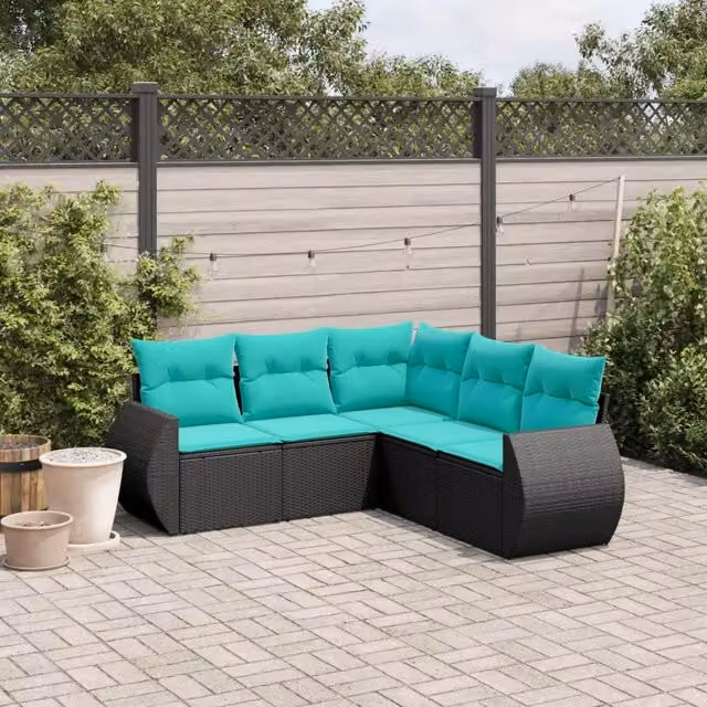 Set Divani da Giardino 5 pz con Cuscini Nero in Polyrattan 3221346