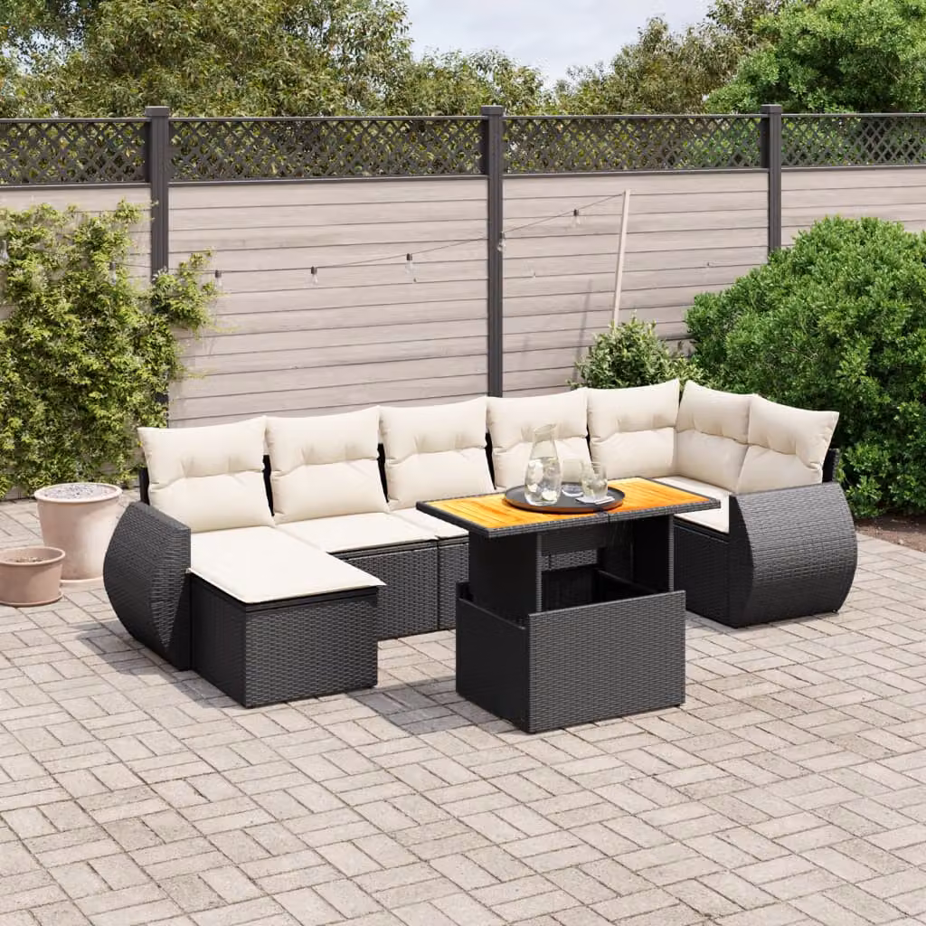 vidaXL Set Divani da Giardino a L con Cuscini 8 pz in Polyrattan Nero e Acacia – 1