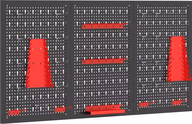 Set di 3 pannelli porta attrezzi da parete HOMCOM in acciaio con 9 supporti e 16 ganci, nero e rosso