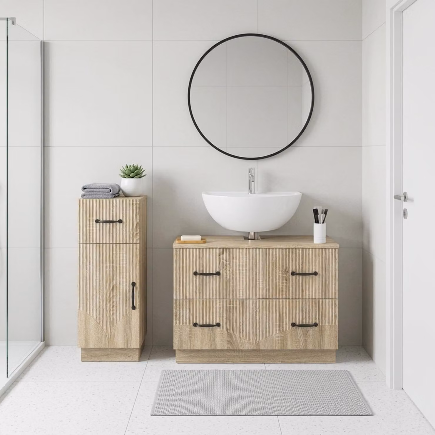 Set di mobili da bagno vidaXL HOORN composto da 2 pezzi in Rovere Sonoma, colore marrone, con mobile sottolavabo e mobiletto laterale moderno con ante a cerniera e ripiani interni