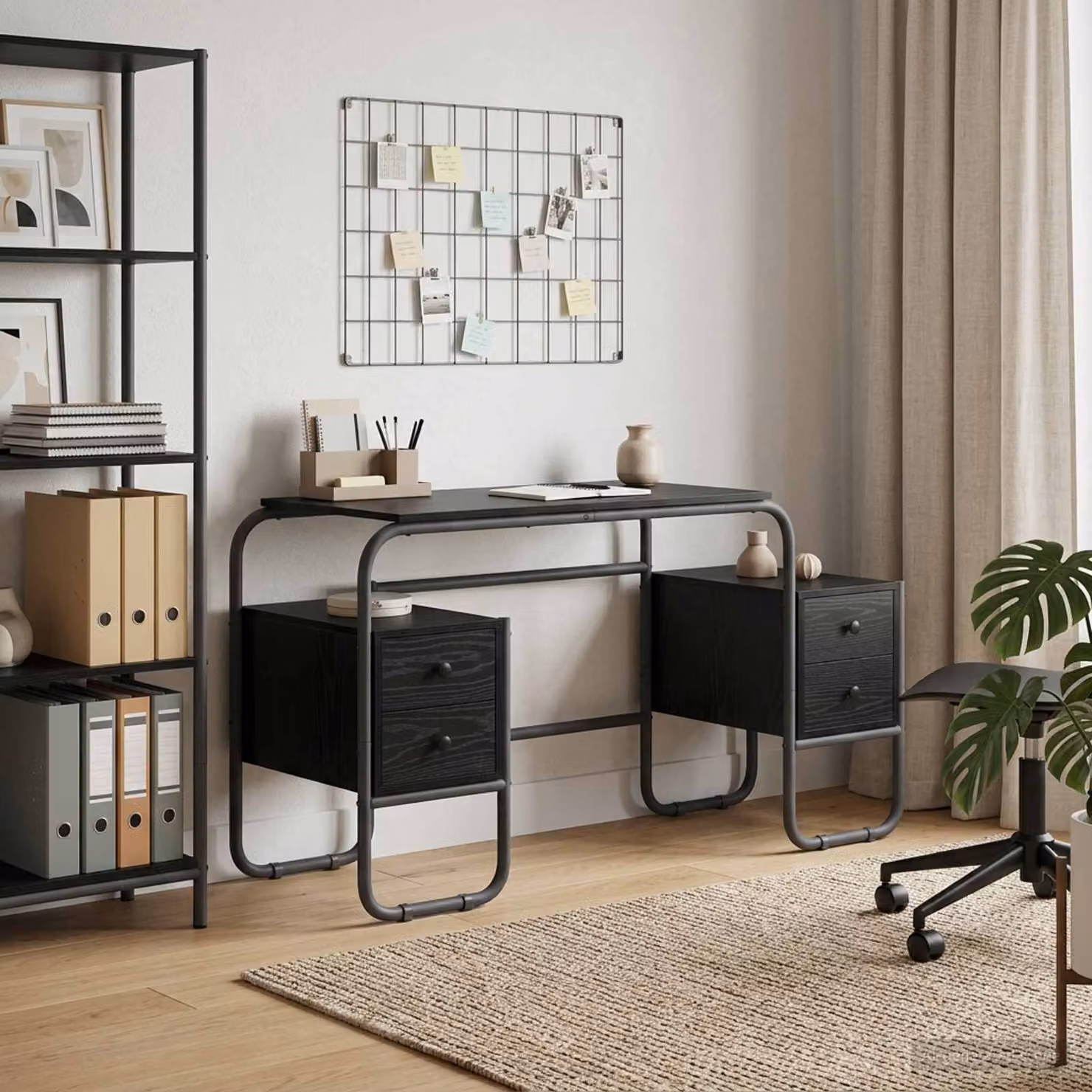 Scrivania moderna vidaXL con spazio di archiviazione a doppio piedistallo, colore nero, L: 145 cm, P: 60 cm, H: 75 cm