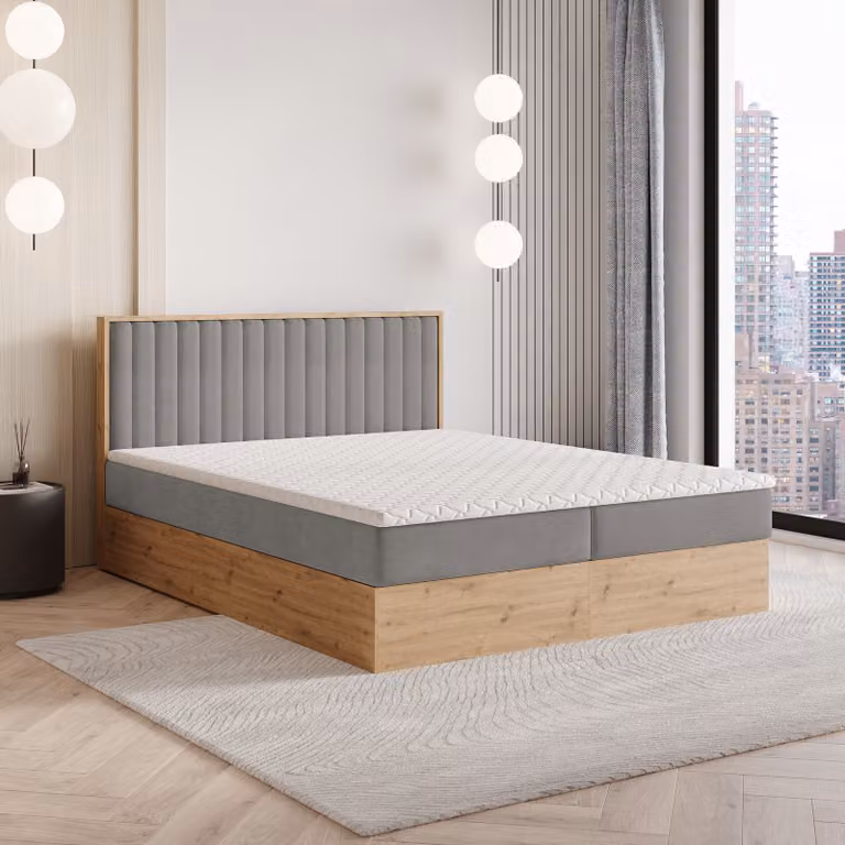Letto a molle Masseno VARELI 140x200 cm completo di materasso e topper Bonell, letto imbottito con cassettiera -grigio, SORO 90