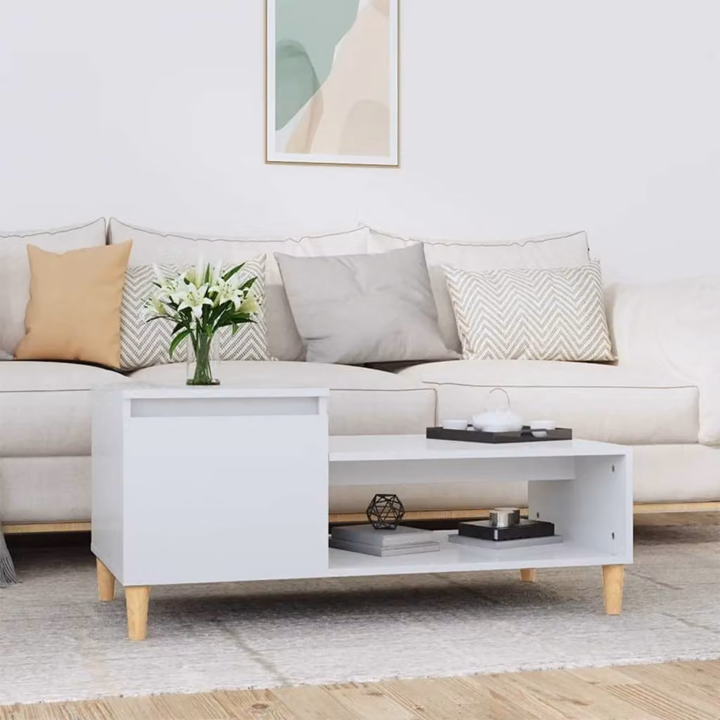 The Living Store tavolino bianco lucido 100x50x45 cm in materiale ligneo