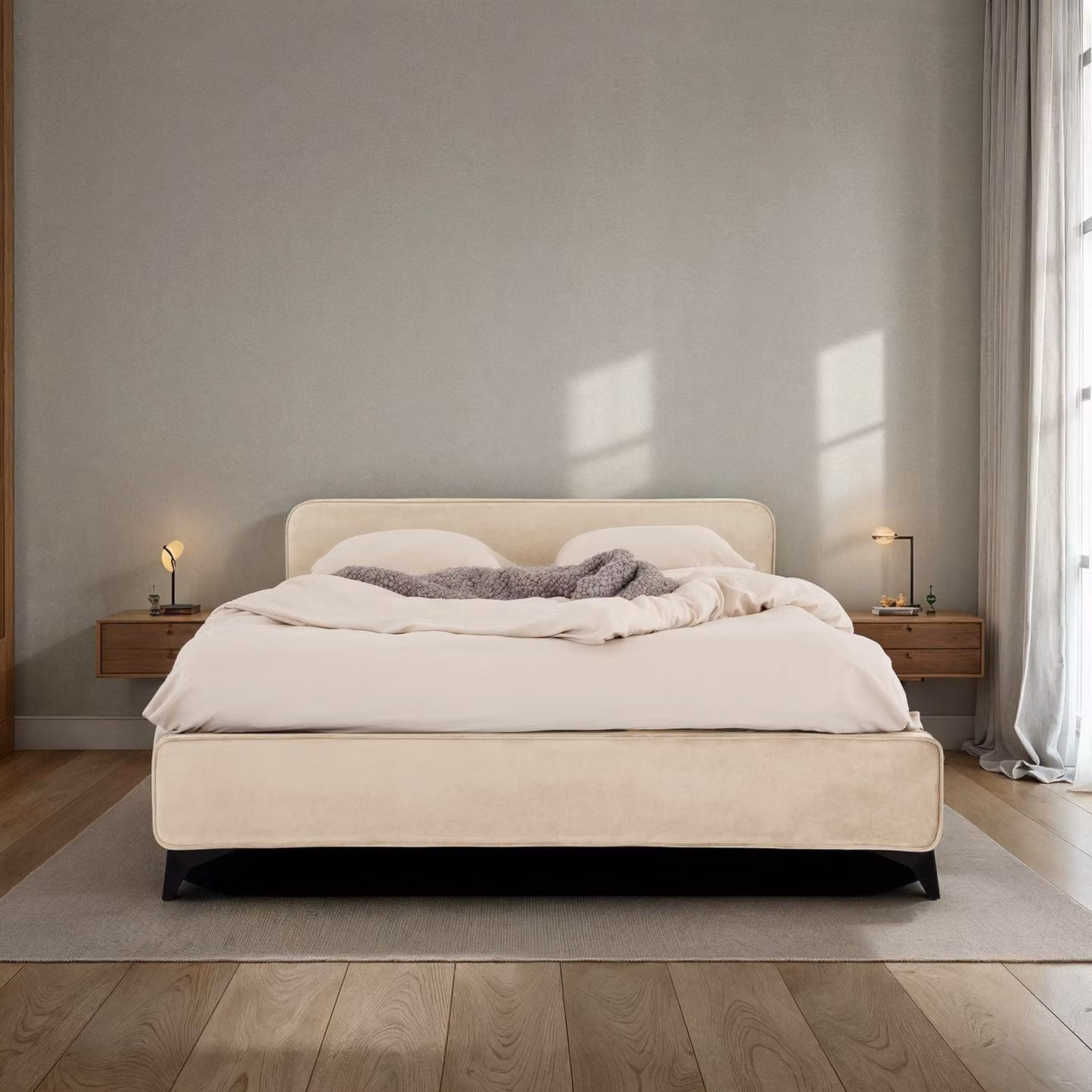 Letto imbottito LAVORO, modello a una piazza, 140x200 cm, color beige - Letto con rete a doghe e rivestimento in velluto, struttura del letto con testiera imbottita, design moderno, robusta struttura in legno e gambe in metallo