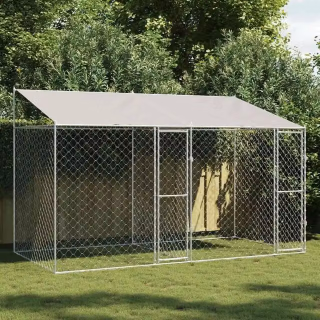 Gabbia per cani vidaXL in metallo con tetto resistente alle intemperie, colore argento, L 400 cm x P 200 cm x H 256 cm