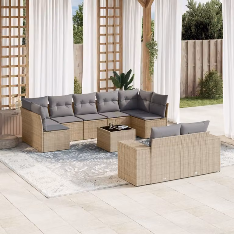 Set Divano da Giardino vidaXL 10 pz in Polyrattan Beige con Cuscini e Tavolino