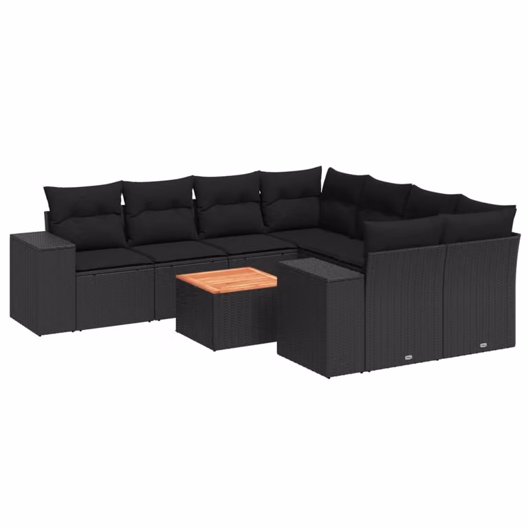 Set Divani da Giardino 9 pz con Cuscini Nero in Polyrattan