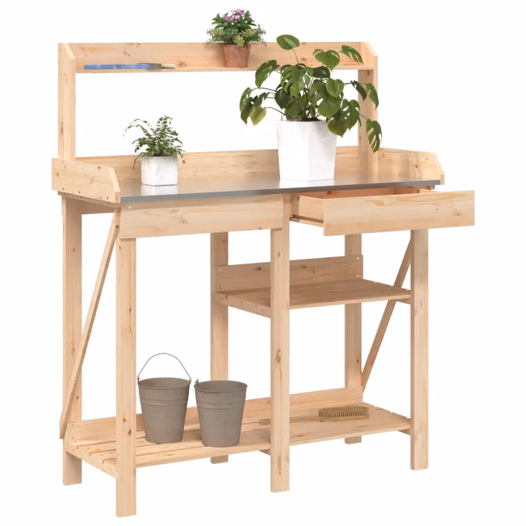 vidaXL Panca porta vasi in legno di abete e metallo marrone per giardino e balcone L 125 x P 45 x H 50 cm