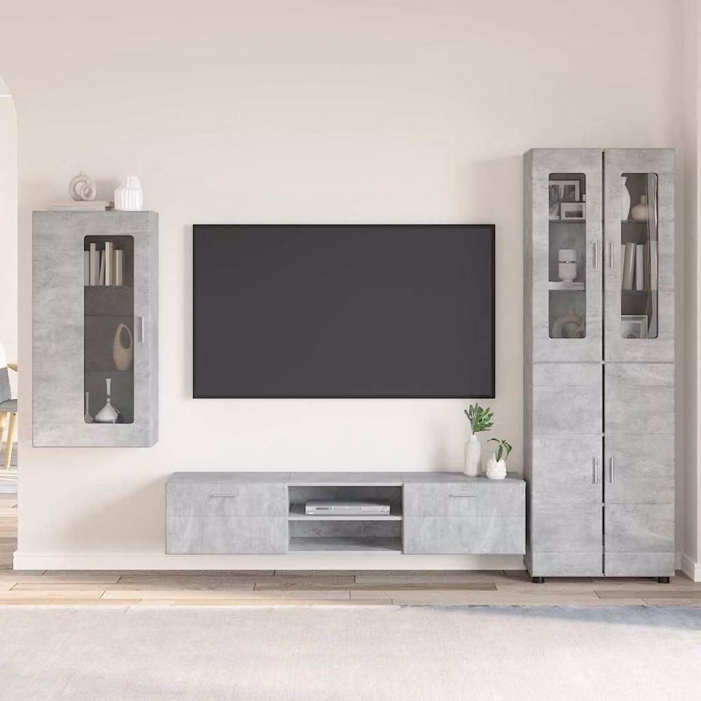Set mobile TV moderno vidaXL FLORIN in 3 pezzi, Grigio, Legno e MDF, L 150 x P 39 x H 30 cm – 1