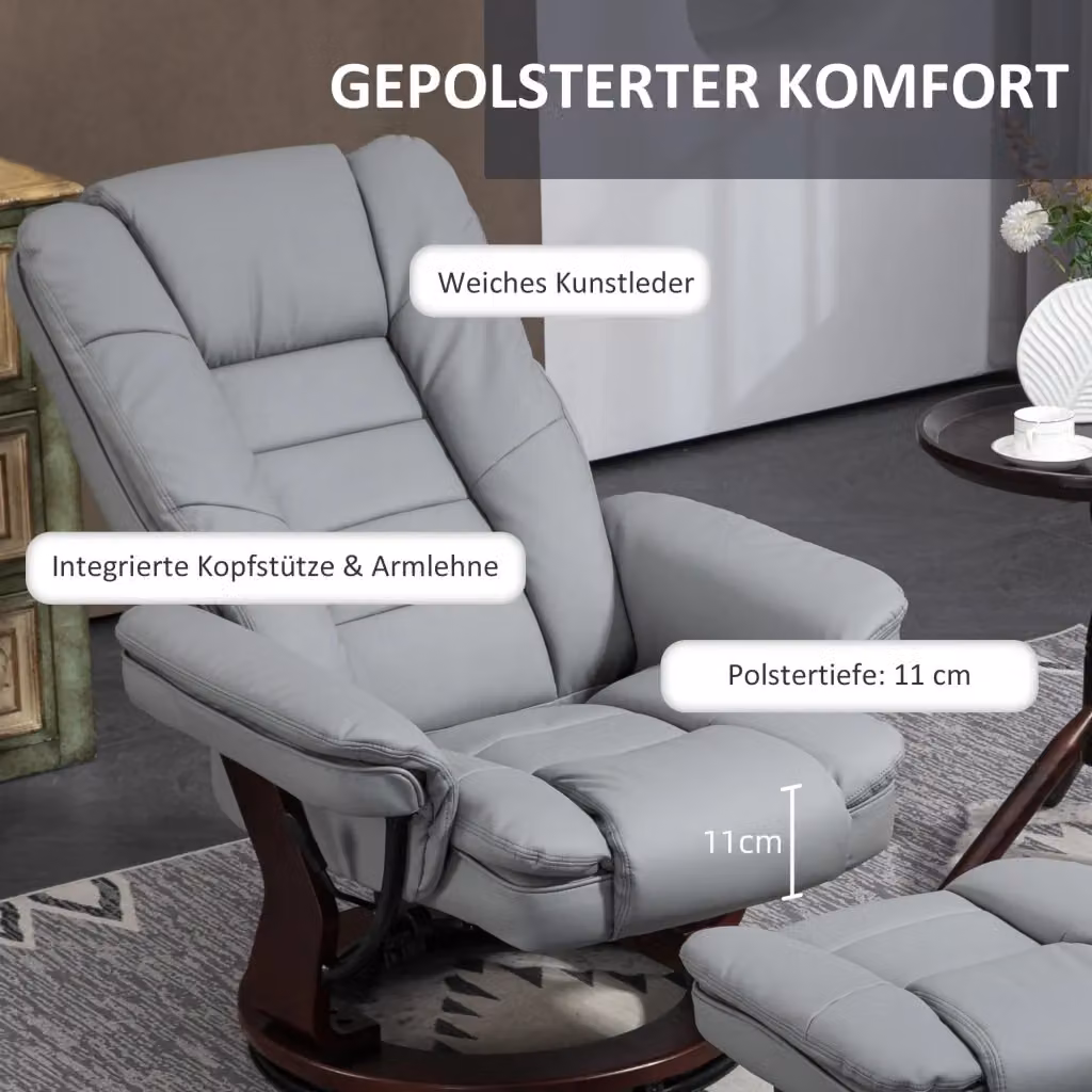Poltrona Relax Girevole REDOM con Pouf in Pelle Rigenerata Grigia, L/P/H: 85 x 82 x 106 cm – 2